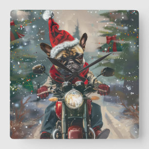 Fransk Bulldog Kör Motorcykel Jul Fyrkantig Klocka