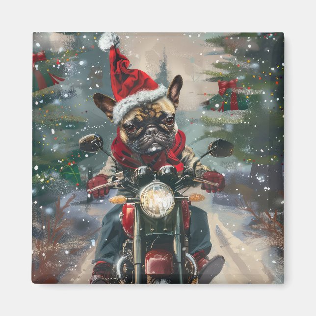 Fransk Bulldog Kör Motorcykel Jul Magnet (Framsidan)