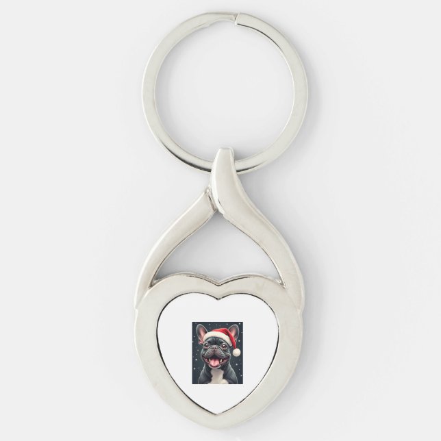 Fransk Bulldog-Långärmaden T-Shirt Twisted Heart Silverfärgad Nyckelring (Framsidan)