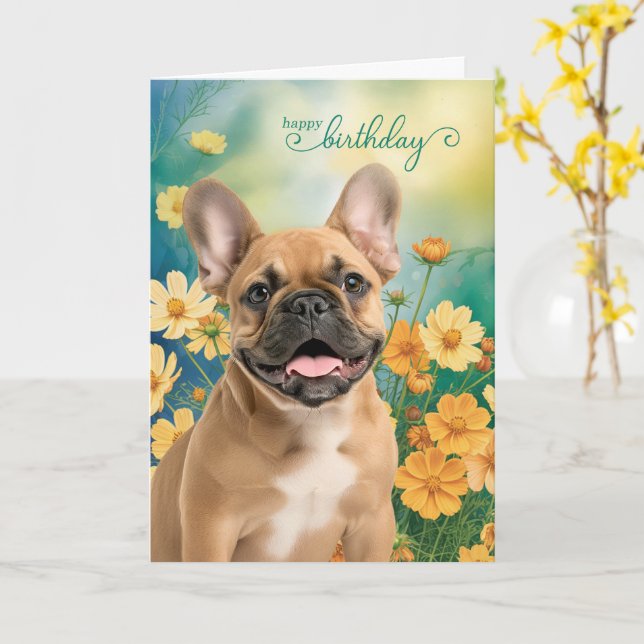Fransk Bulldog Liten Orange Cosmos Födelsedag Kort (Gul blomma)