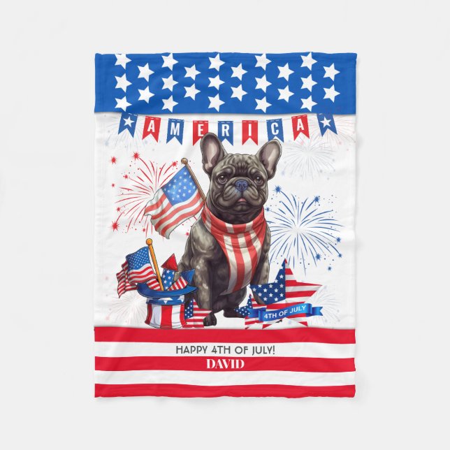 Fransk Bulldog Lycklig 4:e juli Amerika Patriotic Fleecefilt (Framsidan)