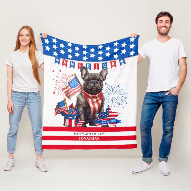 Fransk Bulldog Lycklig 4:e juli Amerika Patriotic Fleecefilt (På plats)