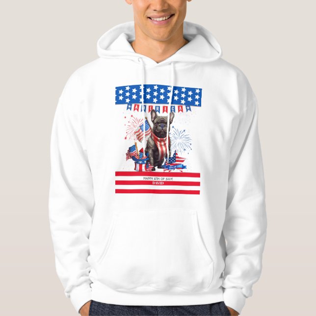 Fransk Bulldog Lycklig 4:e juli Amerika Patriotic Hoodie (Framsida)