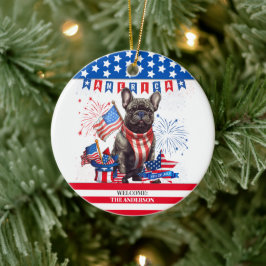 Fransk Bulldog Lycklig 4:e juli Amerika Patriotic Julgransprydnad Keramik