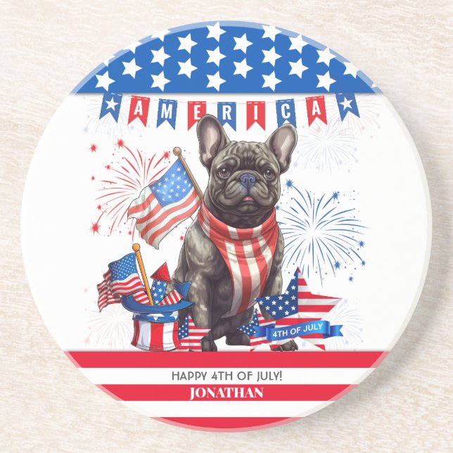 Fransk Bulldog Lycklig 4:e juli Amerika Patriotic Underlägg (Framsidan)
