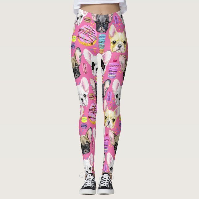 Fransk Bulldog Macaron Mönster Leggings (Framsida)