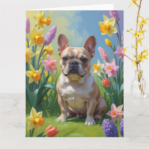 Fransk Bulldog Målarfärg för Vårblommor Kort