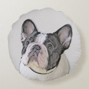 Fransk Bulldog-målning (Brindle Pied) - Hund Art Rund Kudde