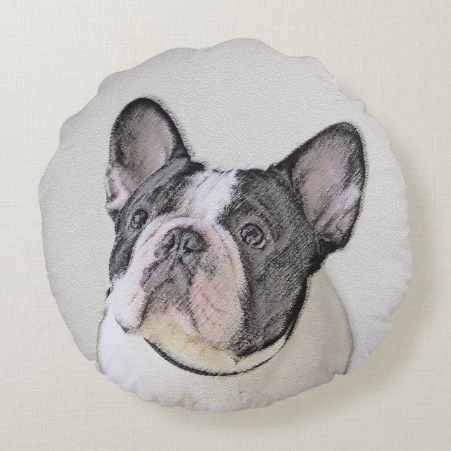Fransk Bulldog-målning (Brindle Pied) - Hund Art Rund Kudde (Baksidan)