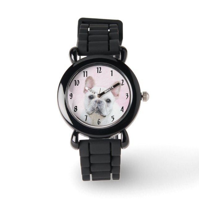 Fransk Bulldog-målning (Cream/White) - Hund Art Armbandsur (Framsida)