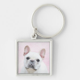 Fransk Bulldog-målning (Cream/White) - Hund Art Fyrkantig Silverfärgad Nyckelring
