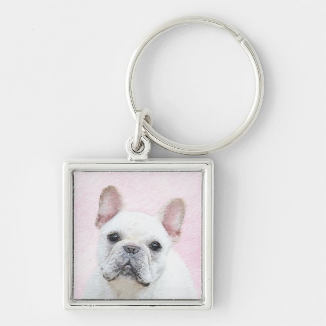 Fransk Bulldog-målning (Cream/White) - Hund Art Fyrkantig Silverfärgad Nyckelring (Framsidan)