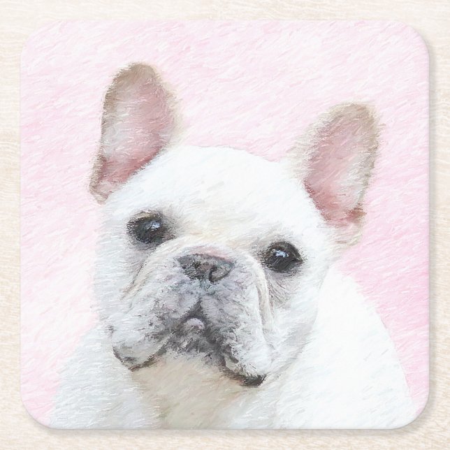 Fransk Bulldog-målning (Cream/White) - Hund Art Underlägg Papper Kvadrat (Framsidan)