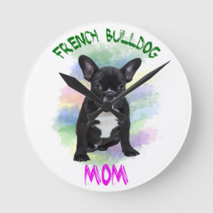 Fransk Bulldog Mamma Vatten Färg Oljemålning Art Rund Klocka