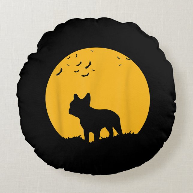 Fransk Bulldog Måne Halloween-inspirerad design Rund Kudde (Framsidan)