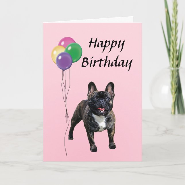 Fransk Bulldog med Balloons Grattis på födelsedage Kort (Framsida)