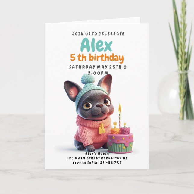 Fransk bulldog med Birthday-kaka Inbjudan (Framsida)