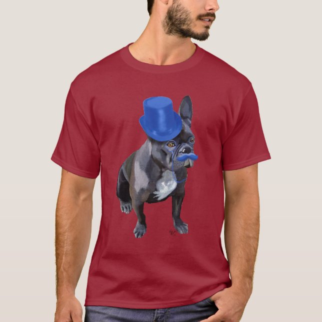 Fransk Bulldog med blå Top hat och mustache T Shirt (Framsida)