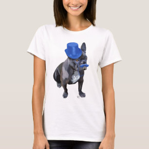 Fransk Bulldog med blå Top hat och mustache T Shirt