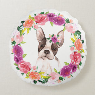 Fransk Bulldog med Blommigt Pillow Rund Kudde