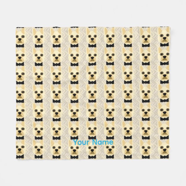 Fransk Bulldog med Bowtie, Herringbone Beige Fleecefilt (Framsidan (Horisontell))