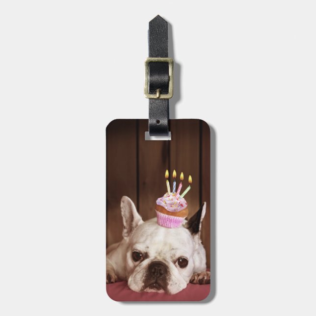 Fransk Bulldog med födelsedagskupaka Bagagebricka (Vertikal Framsida)