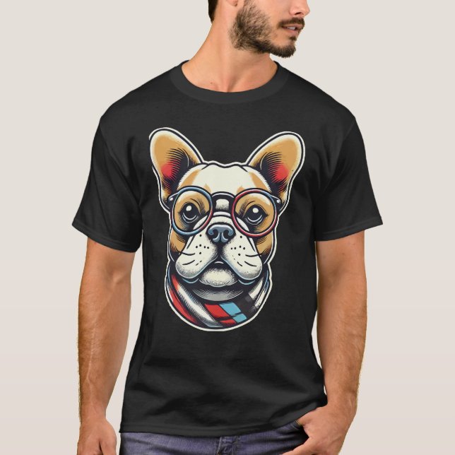Fransk BullDog med glasögon Frenchie T Shirt (Framsida)