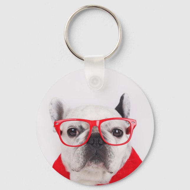 Fransk Bulldog med glasögon och Shirt Nyckelring (Framsida)