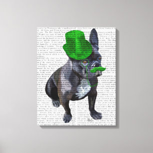 Fransk Bulldog med Grönt Top hat och Mustache Canvastryck