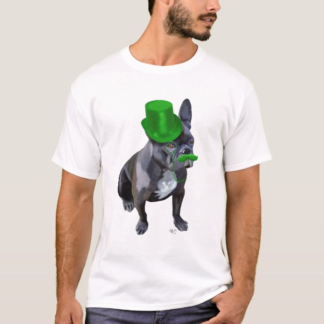 Fransk Bulldog med Grönt Top hat och Mustache Tee (Framsida)