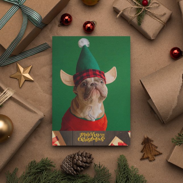 Fransk Bulldog Med Hatt Söt Hund Jul Julkort (Front)