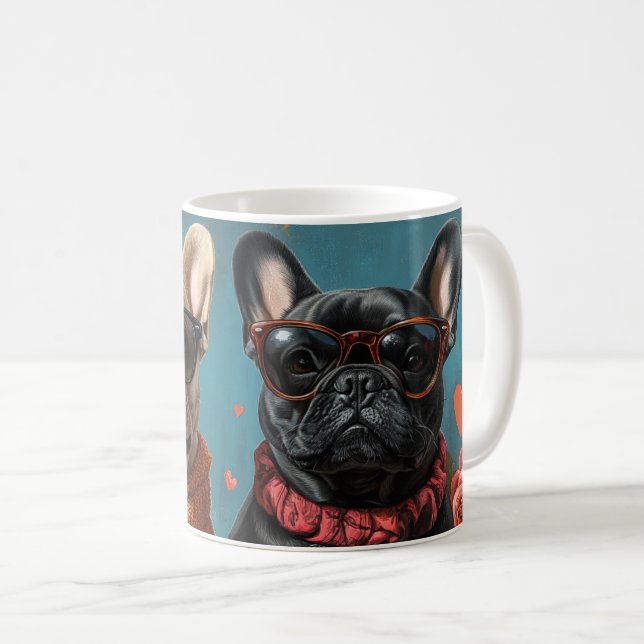 Fransk Bulldog Med Hjärtrosor Alla Hjärtans Dag Kaffemugg (Framsida höger)