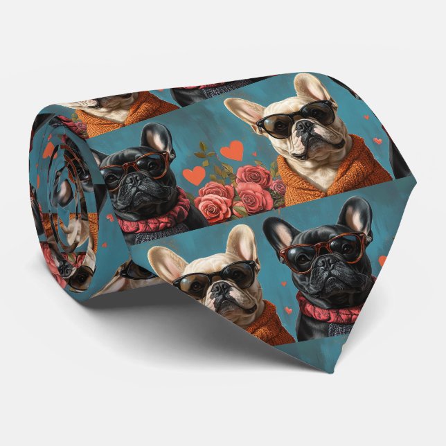 Fransk Bulldog Med Hjärtrosor Alla Hjärtans Dag Slips (Rullad)