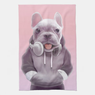 Fransk Bulldog med hörlurar Kökshandduk