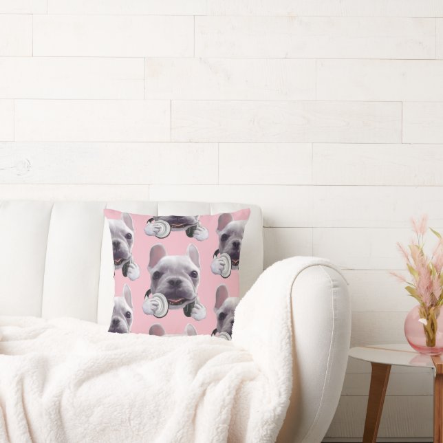 Fransk Bulldog med hörlurar Kudde (Soffa)