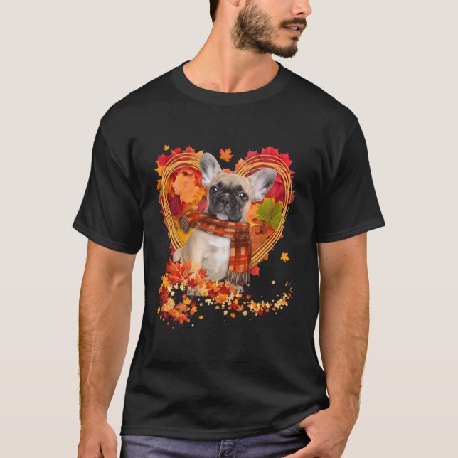 Fransk Bulldog med Höst löv T Shirt (Framsida)
