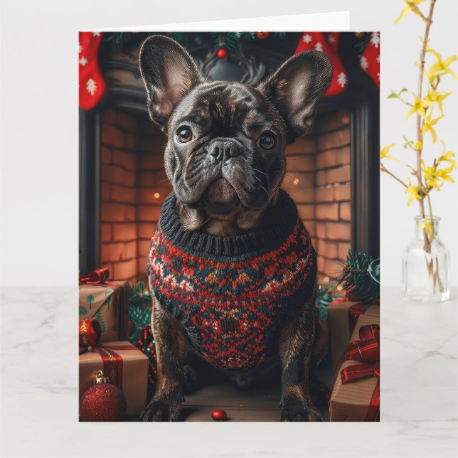 Fransk Bulldog Med Julpresenter Öppen Spis Kort (Gul blomma)
