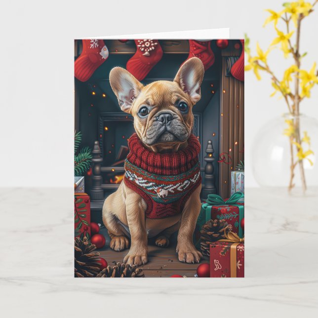 Fransk Bulldog Med Julpresenter Öppen Spis Kort (Gul blomma)