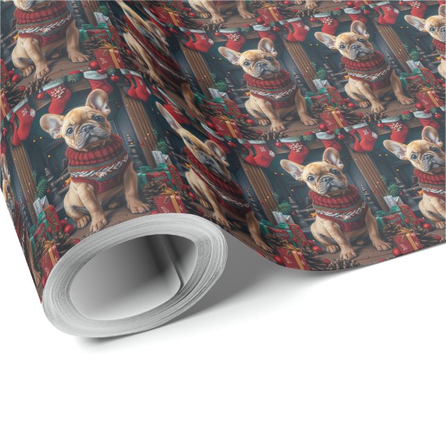 Fransk Bulldog Med Julpresenter Öppen Spis Presentpapper (Rulle Hörn)