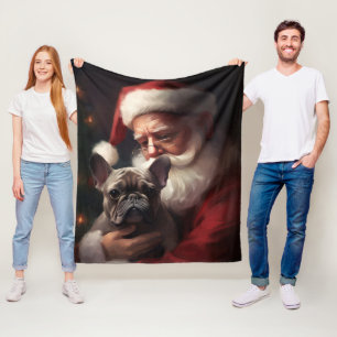 Fransk Bulldog med Jultomten julafton Fleecefilt