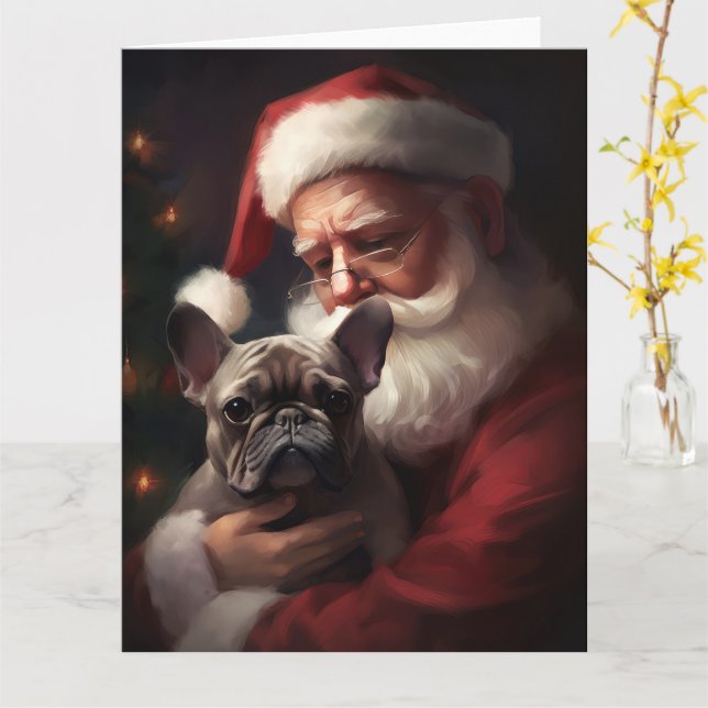 Fransk Bulldog med Jultomten julafton Kort (Gul blomma)