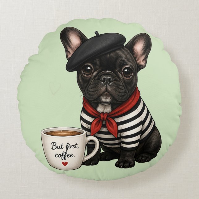 Fransk Bulldog med kaffe Rund Kudde (Framsidan)