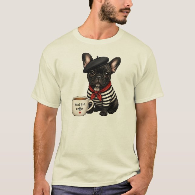 Fransk Bulldog med kaffe T Shirt (Framsida)