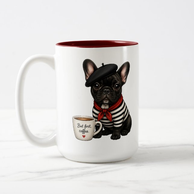 Fransk Bulldog med kaffe Två-Tonad Mugg (Vänster)