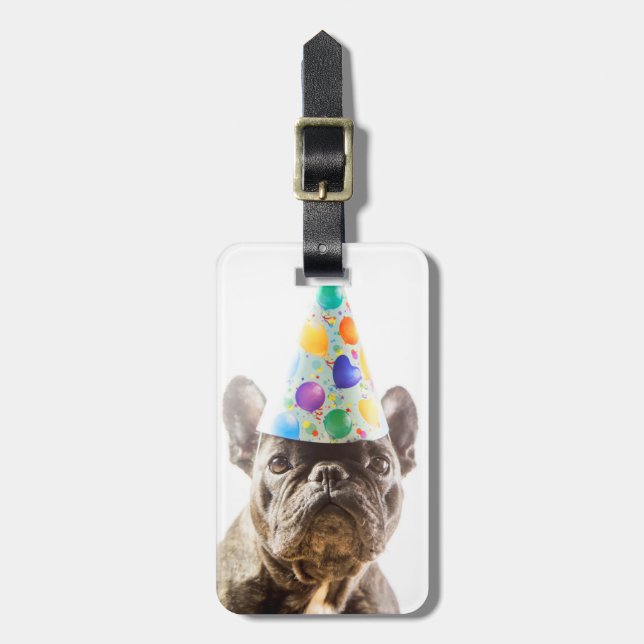 Fransk Bulldog med Party Hat Bagagebricka (Vertikal Framsida)