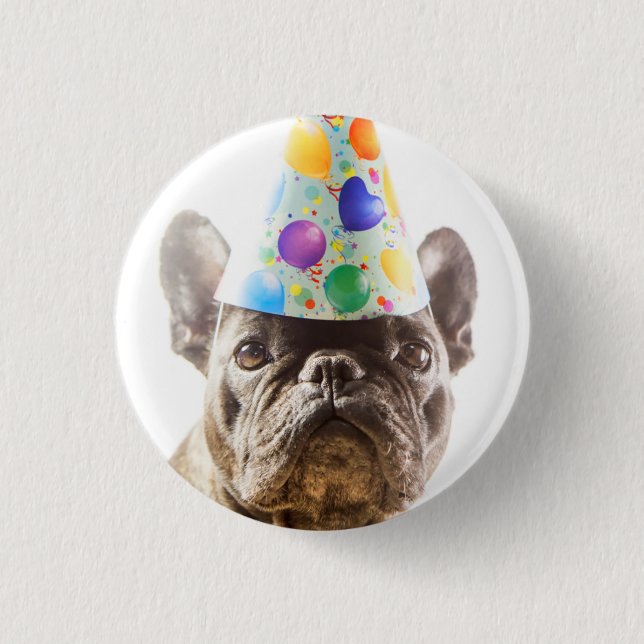 Fransk Bulldog med Party Hat Knapp (Framsida)