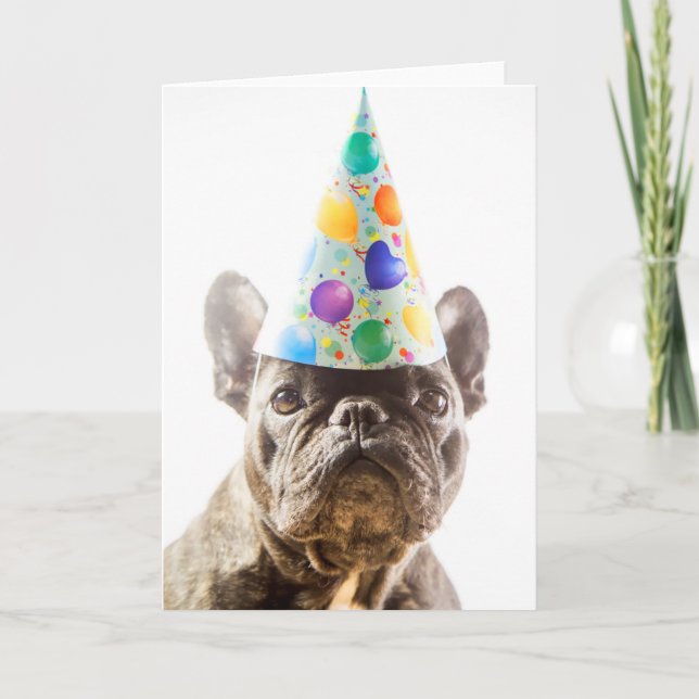 Fransk Bulldog med Party Hat Kort (Framsida)