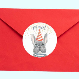 Fransk Bulldog med Party Hat Merci Confetti Runt Klistermärke