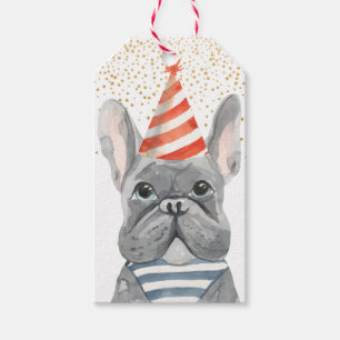 Fransk Bulldog med Party Hat Merci Presentetikett