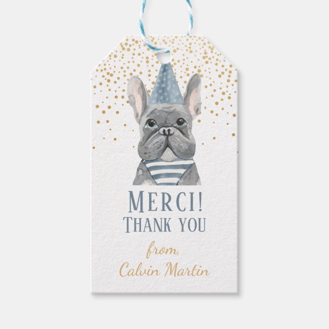 Fransk Bulldog med Party Hat Presentetikett (Framsidan)